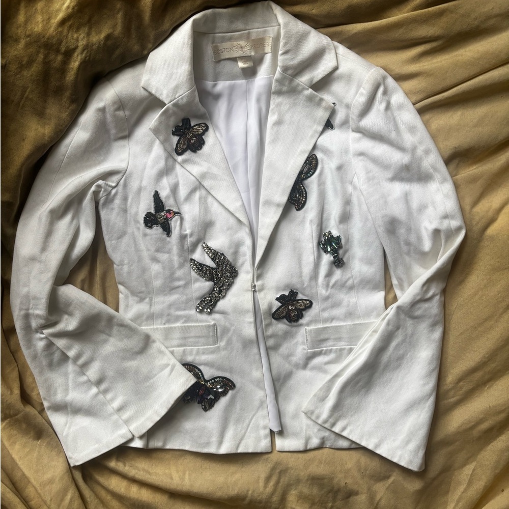Boston Proper White Blazer with Embroidered Accents